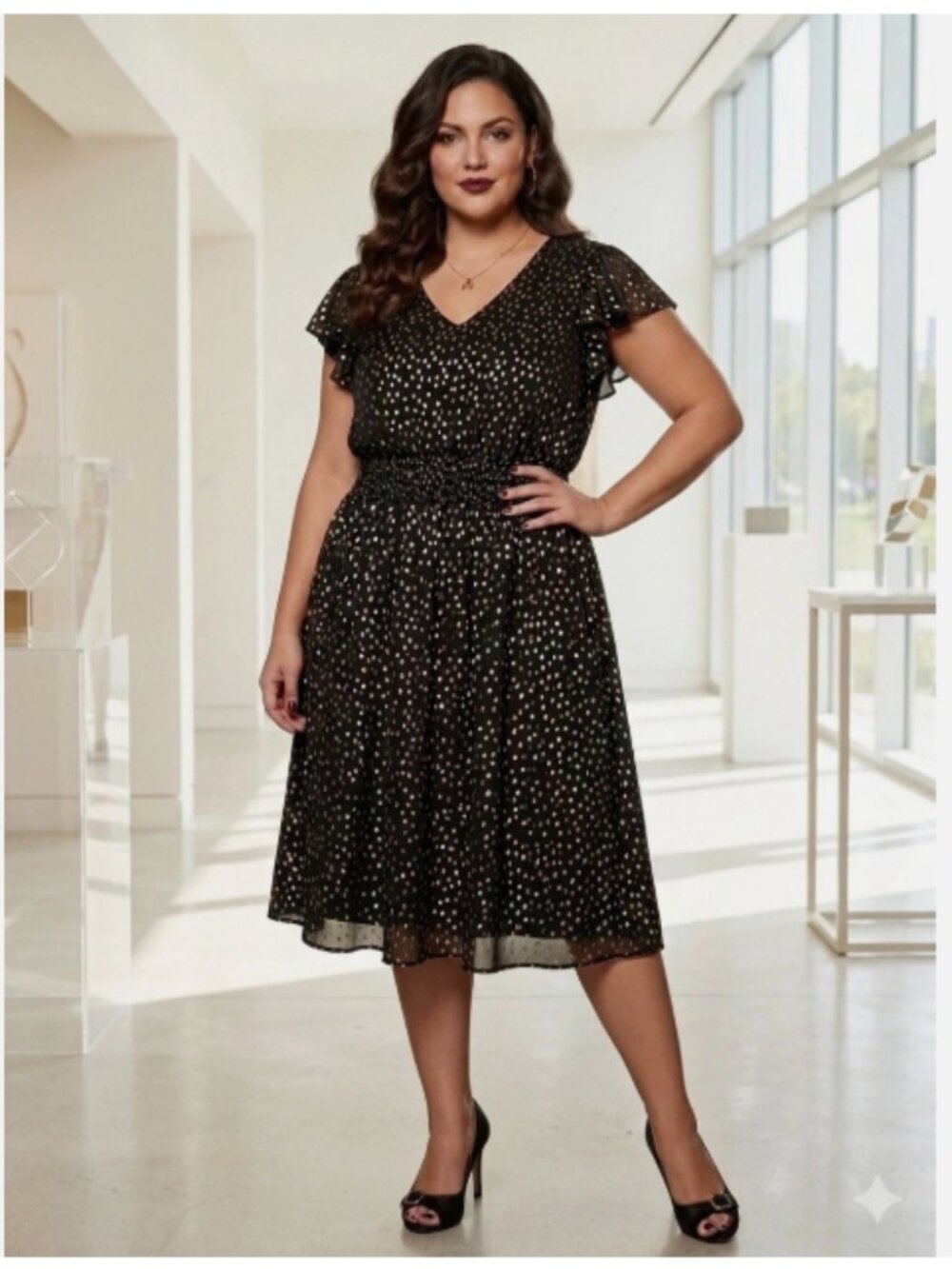 MSK Black Gold Polkadot Fit&Flare V-neck Dress Plus Size 3X